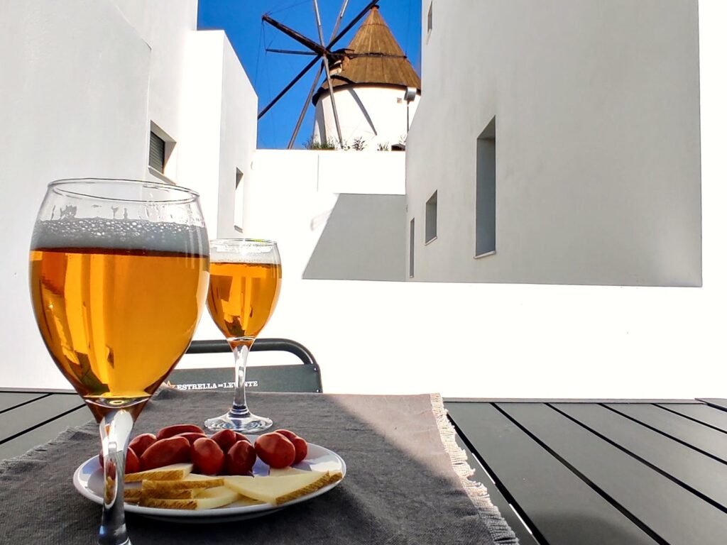 Aperitivo en la terraza con el molino al fondo — Apartamento 4, Los Gata Gata, Las Negras